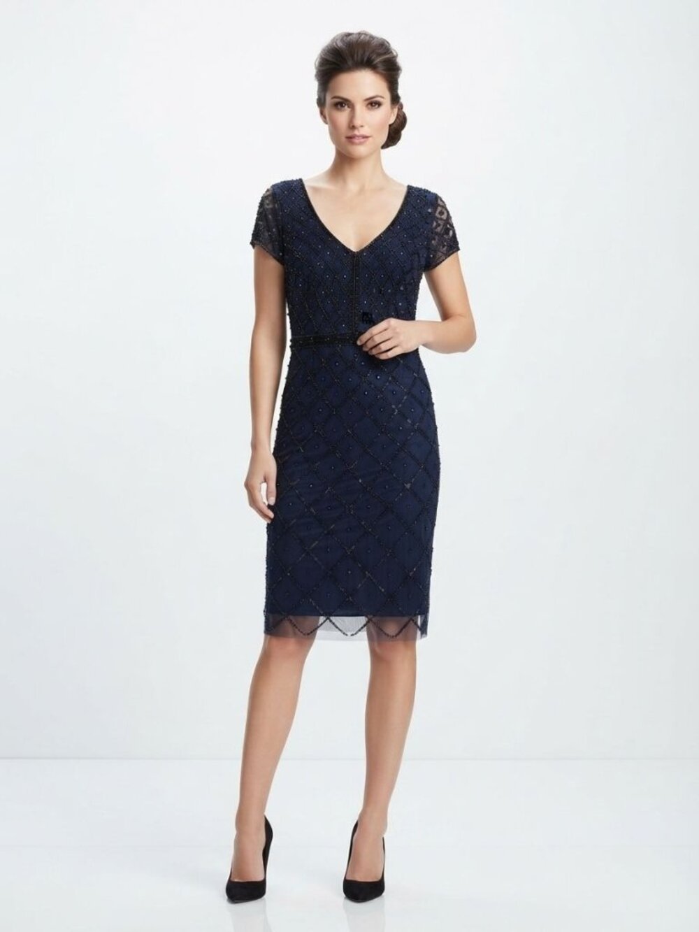 Adrianna Papell Beaded Illusion Short Sleeve Sheath Cocktail Dress Navy Size 10